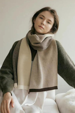 Colorblock Merino Wool Scarf in beige and camel with textured detail.