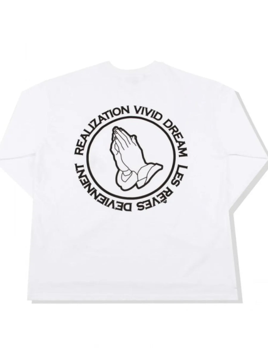 White long sleeve tee with praying hands graphic and text circle