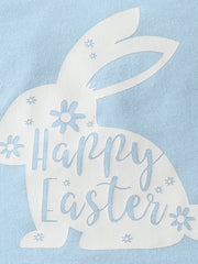 Light blue baby bodysuit with white bunny graphic and Happy Easter text.