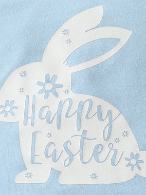 Light blue baby bodysuit with white bunny graphic and Happy Easter text.