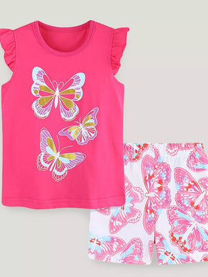 Toddler girls pink butterfly print cotton short set with flutter sleeves.