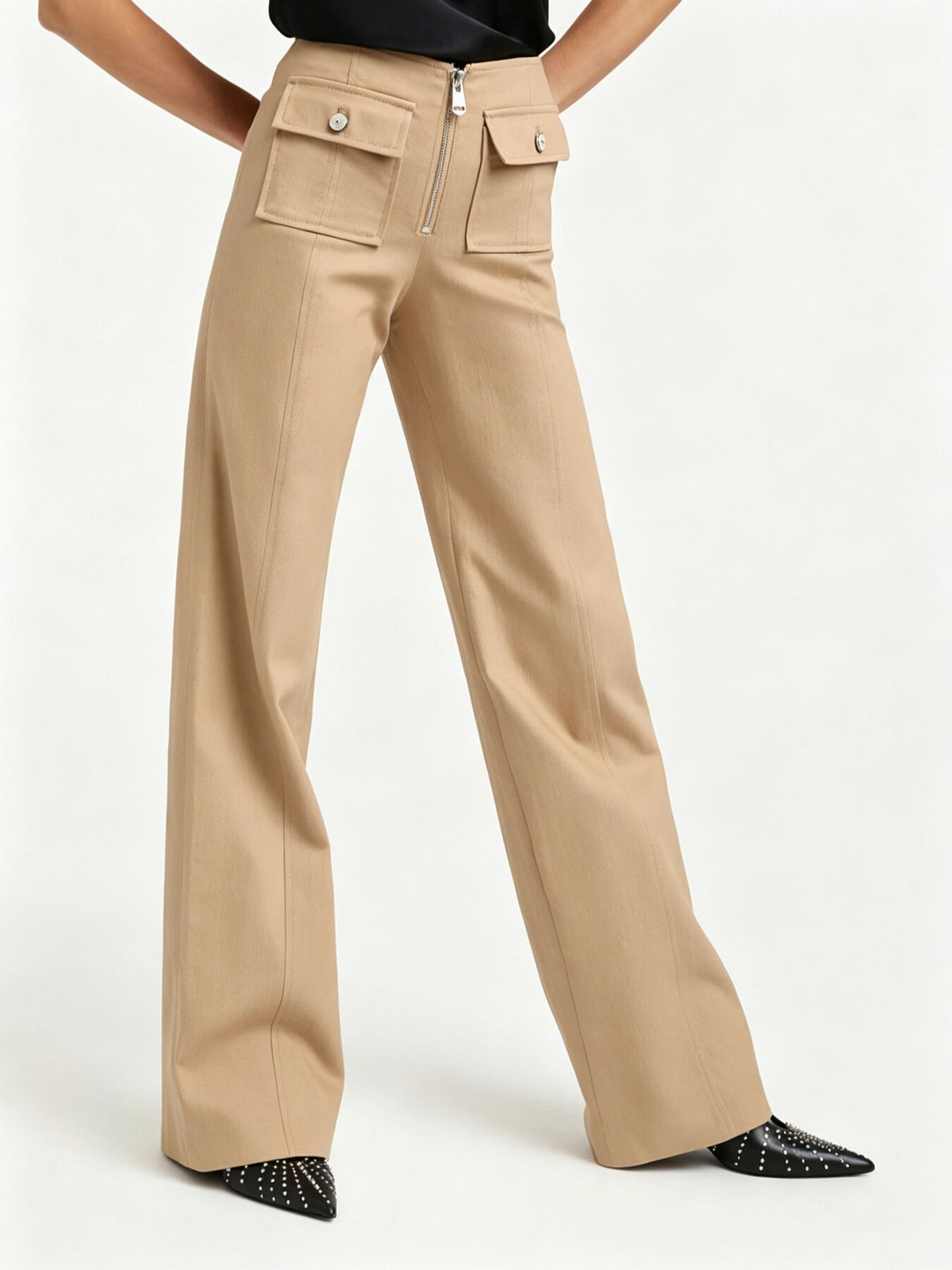 wide-leg pants in camel featuring high-waisted and flared fit