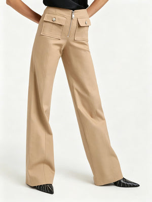 wide-leg pants in camel featuring high-waisted and flared fit