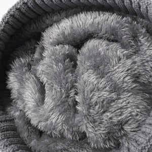 Gray acrylic knit beanie with plush lining detail
