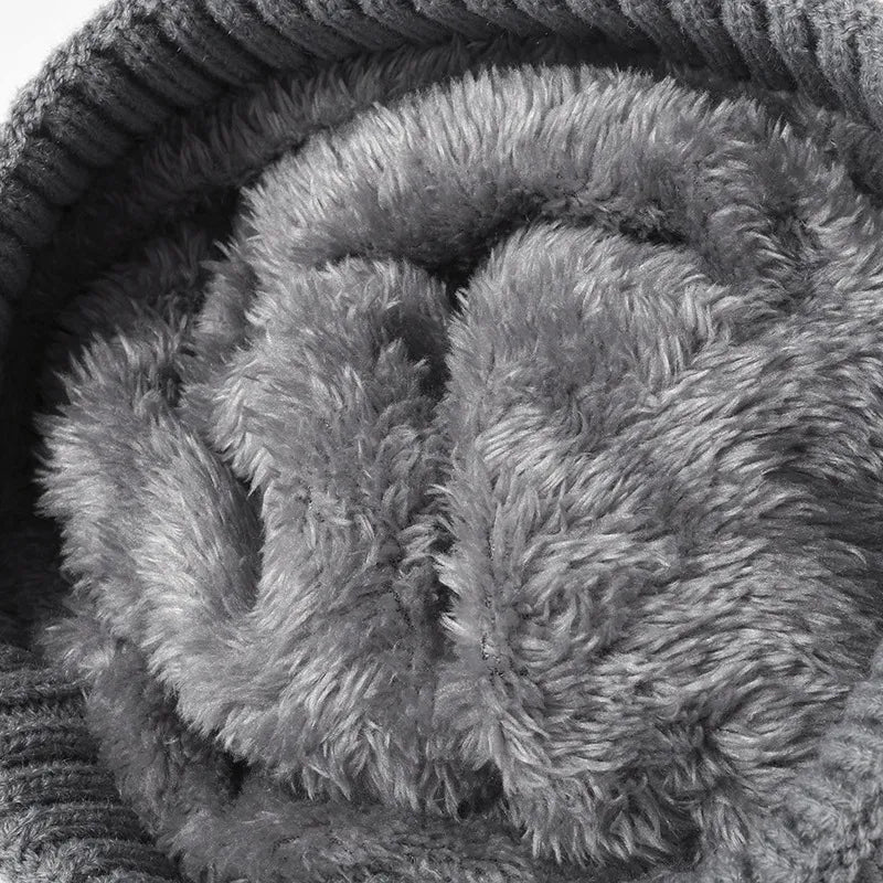 Gray acrylic knit beanie with plush lining detail