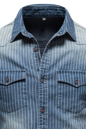 Peacock blue denim western shirt with vertical white stripes, button front, and two chest pockets.