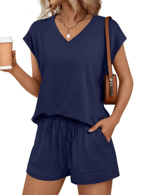 Navy V-neck short sleeve top and drawstring shorts set with pockets