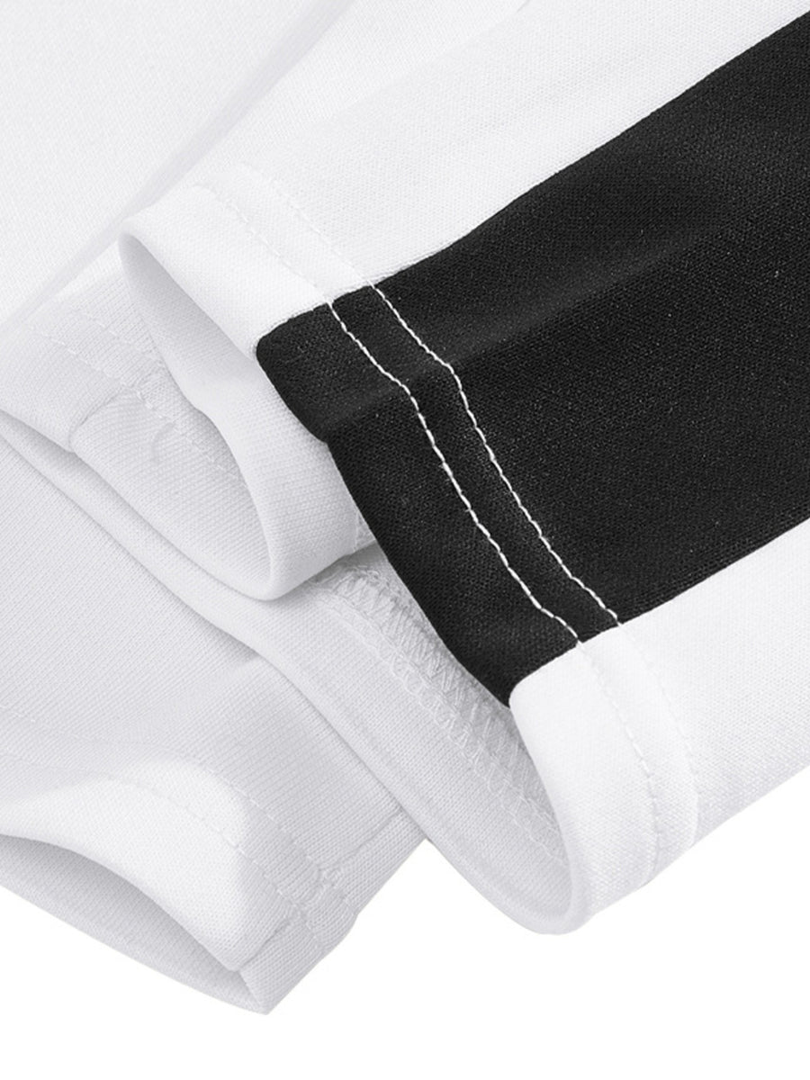 Men's white sweatpants with a black side stripe detail and white stitching.