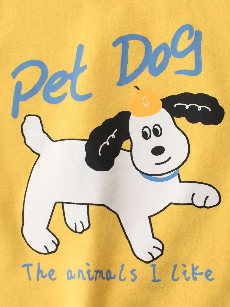 Yellow graphic t-shirt with a cartoon dog and text.