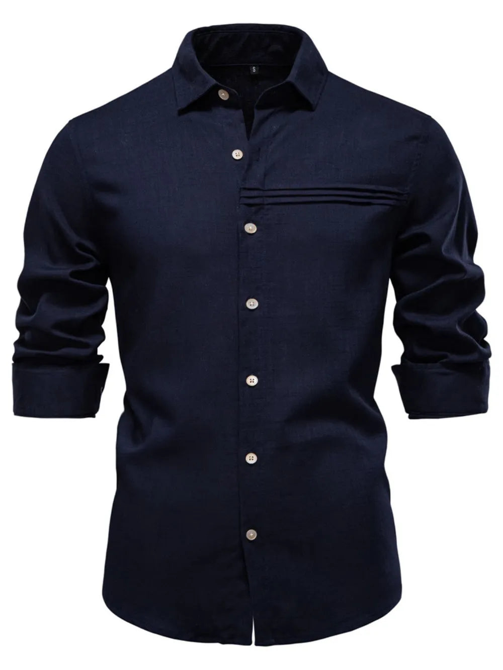 Navy linen button-up shirt with pleated pocket detail and cuffed sleeves.