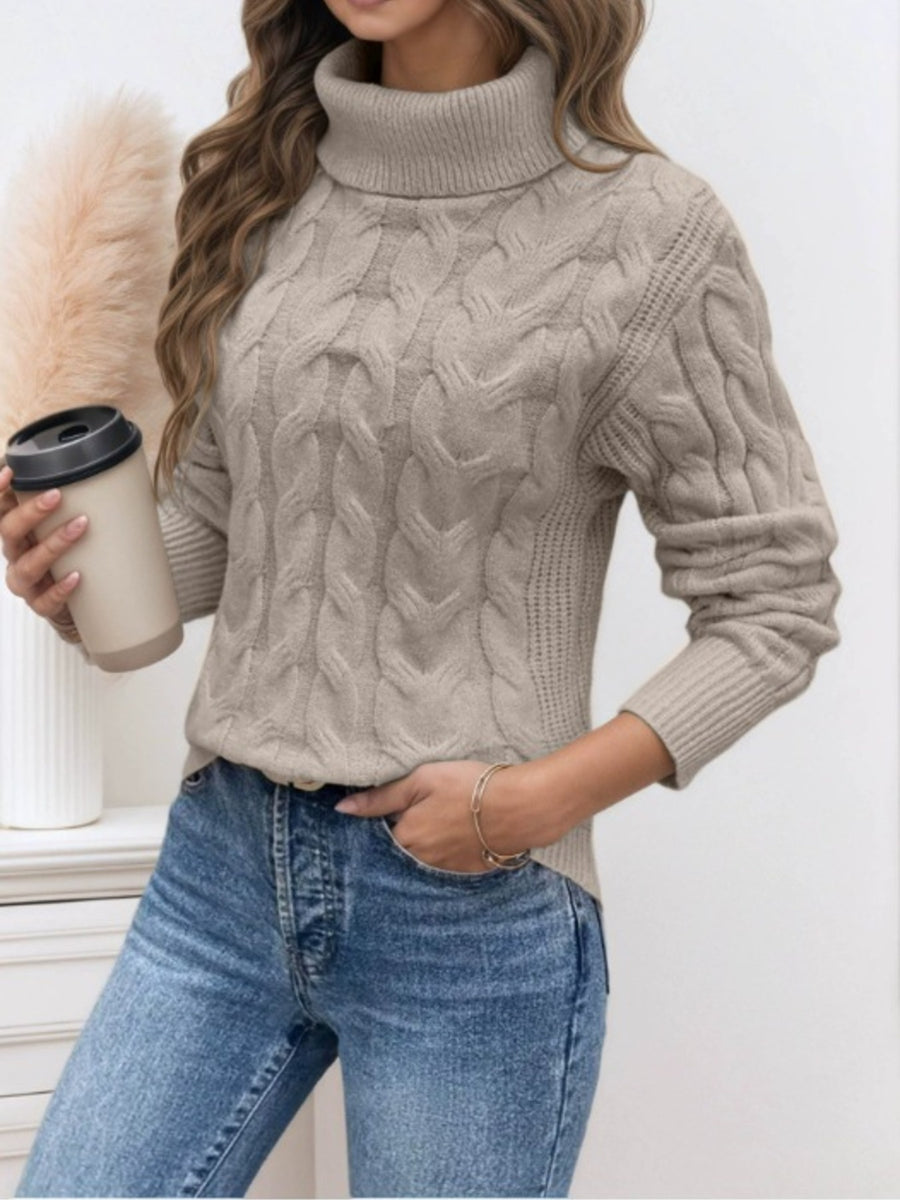Black turtleneck sweater with pullover and cable knit