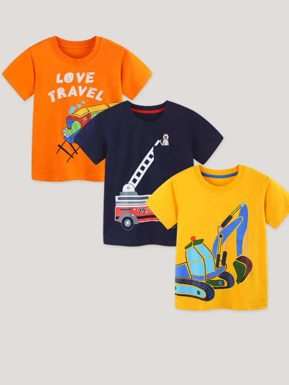 Kids' cotton t-shirts in orange, navy, and yellow featuring playful vehicle graphics like a train and excavator.