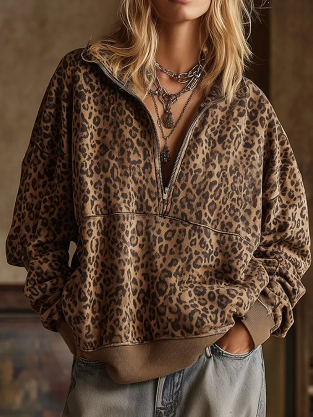 tan sweatshirt with leopard and mock neck
