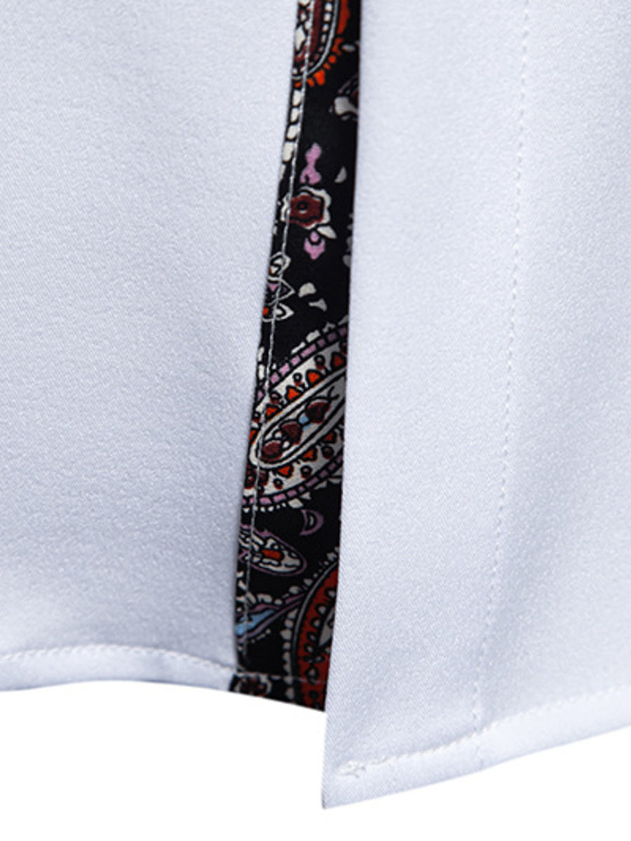 White cotton blend short sleeve shirt with black paisley trim detail