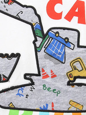 Toddler tee with playful excavator and construction vehicle print.