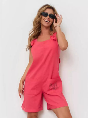 Cotton tie-strap romper in coral pink with embroidered fox detail on pocket.