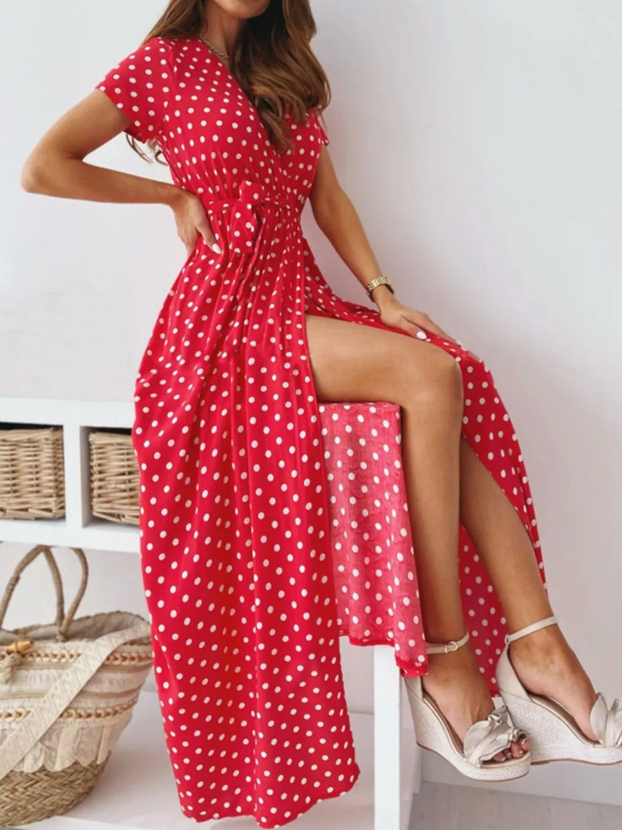 Polka Dot Surplice Maxi Dress With Slit in Khaki