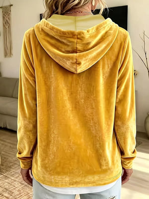 Drawstring Velvet Long Sleeve Hoodie Plus Size in Pink with drawstring