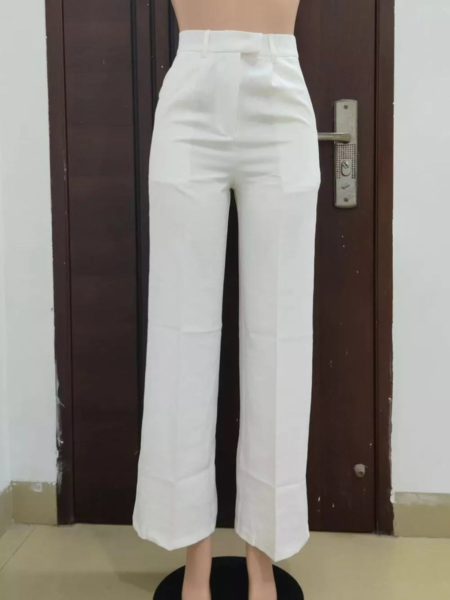Ivory white high-waisted wide-leg trousers with a clean, tailored cut.
