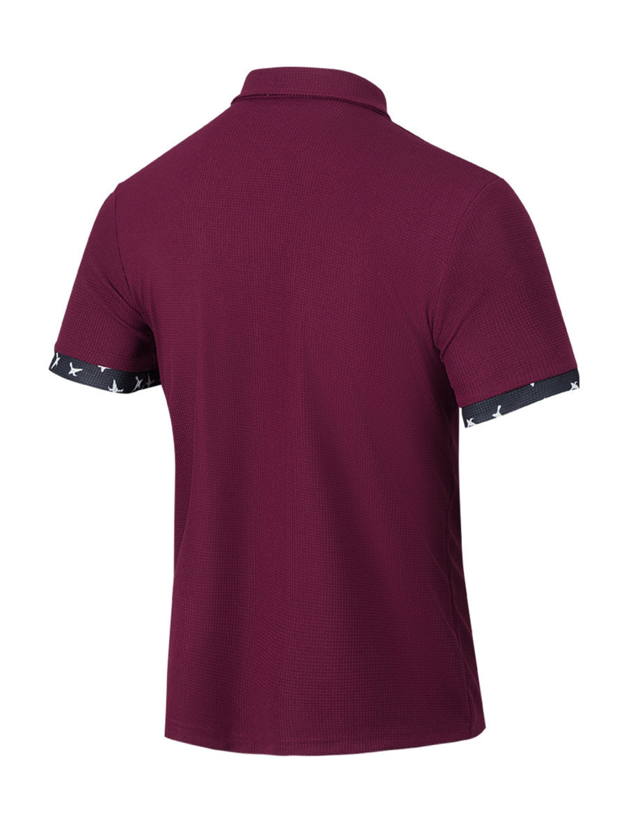 Burgundy waffle textured button-up shirt with patterned cuffs