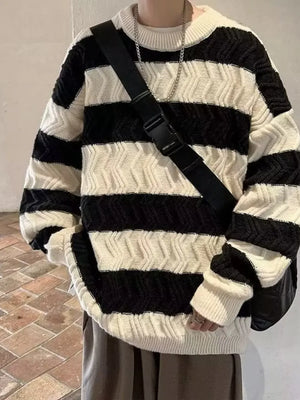 black pullover sweater with striped and crew neck
