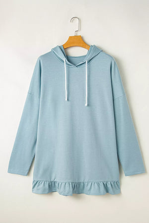 Light Blue with Solid Ruffled Hem Loose Fit Tunic Hoodie in Light Blue