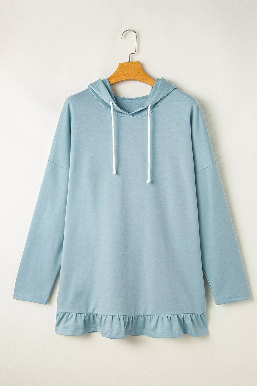 Light Blue with Solid Ruffled Hem Loose Fit Tunic Hoodie in Light Blue