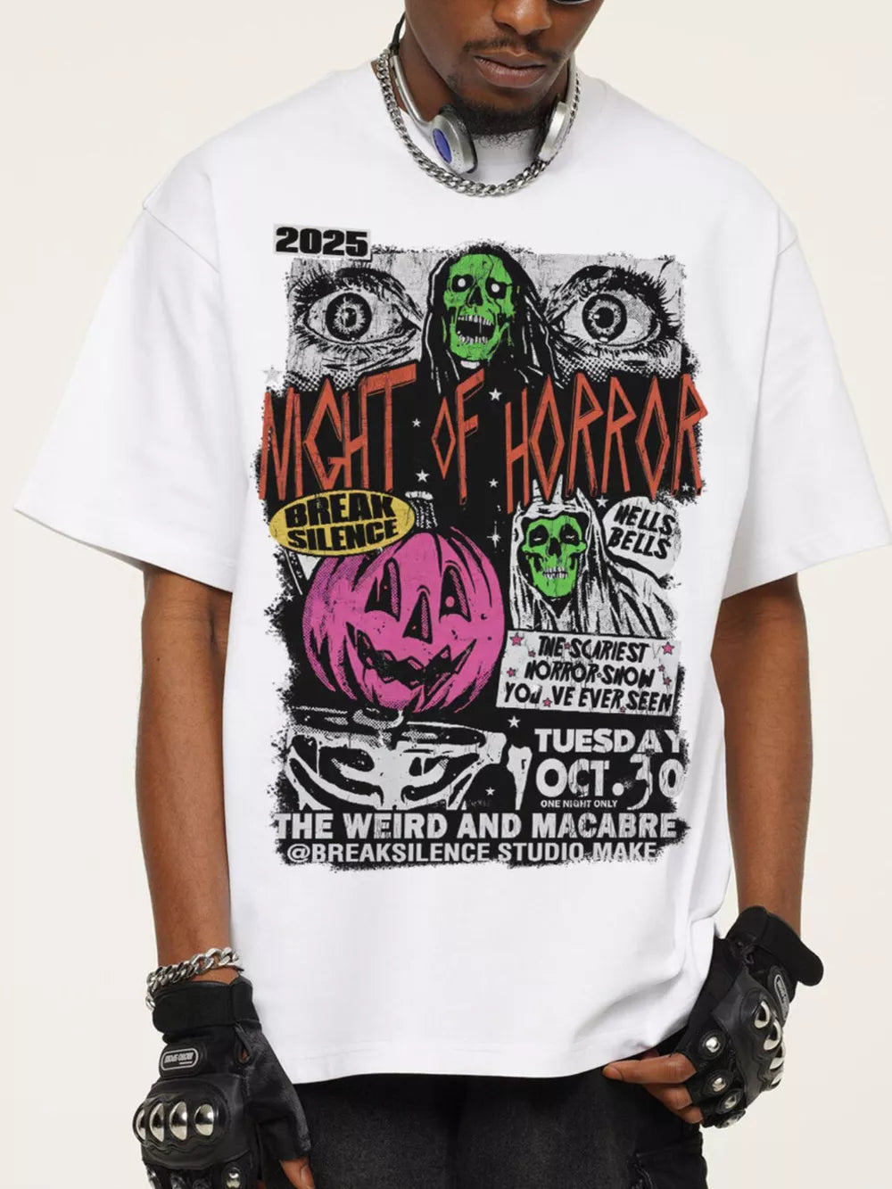 White cotton men's t-shirt with a vintage horror graphic featuring skulls, eyes, and a pumpkin.