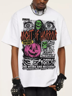 White cotton men's t-shirt with a vintage horror graphic featuring skulls, eyes, and a pumpkin.