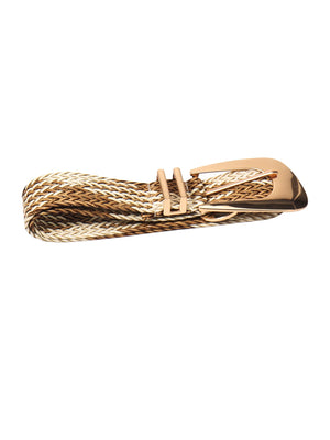 Woven raffia belt with gold-tone buckle and keepers in camel and white tones.