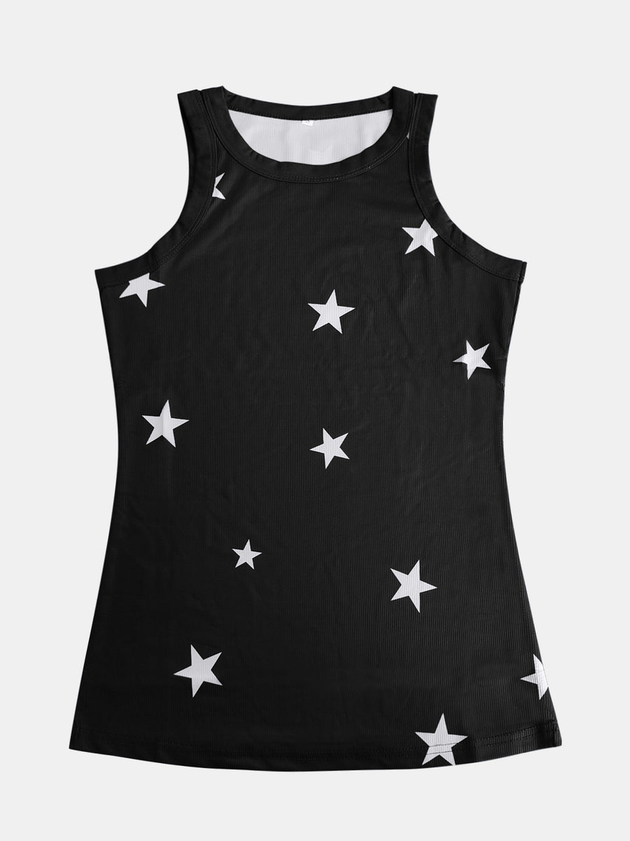 Black ribbed tank top with white star print and scoop neck