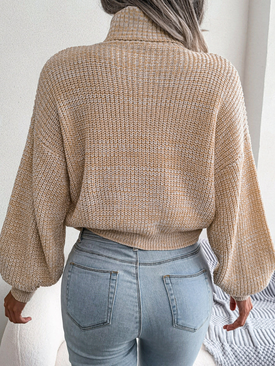 Relaxed Turtleneck Dropped Shoulder Sweater in Caramel with waffle-knit