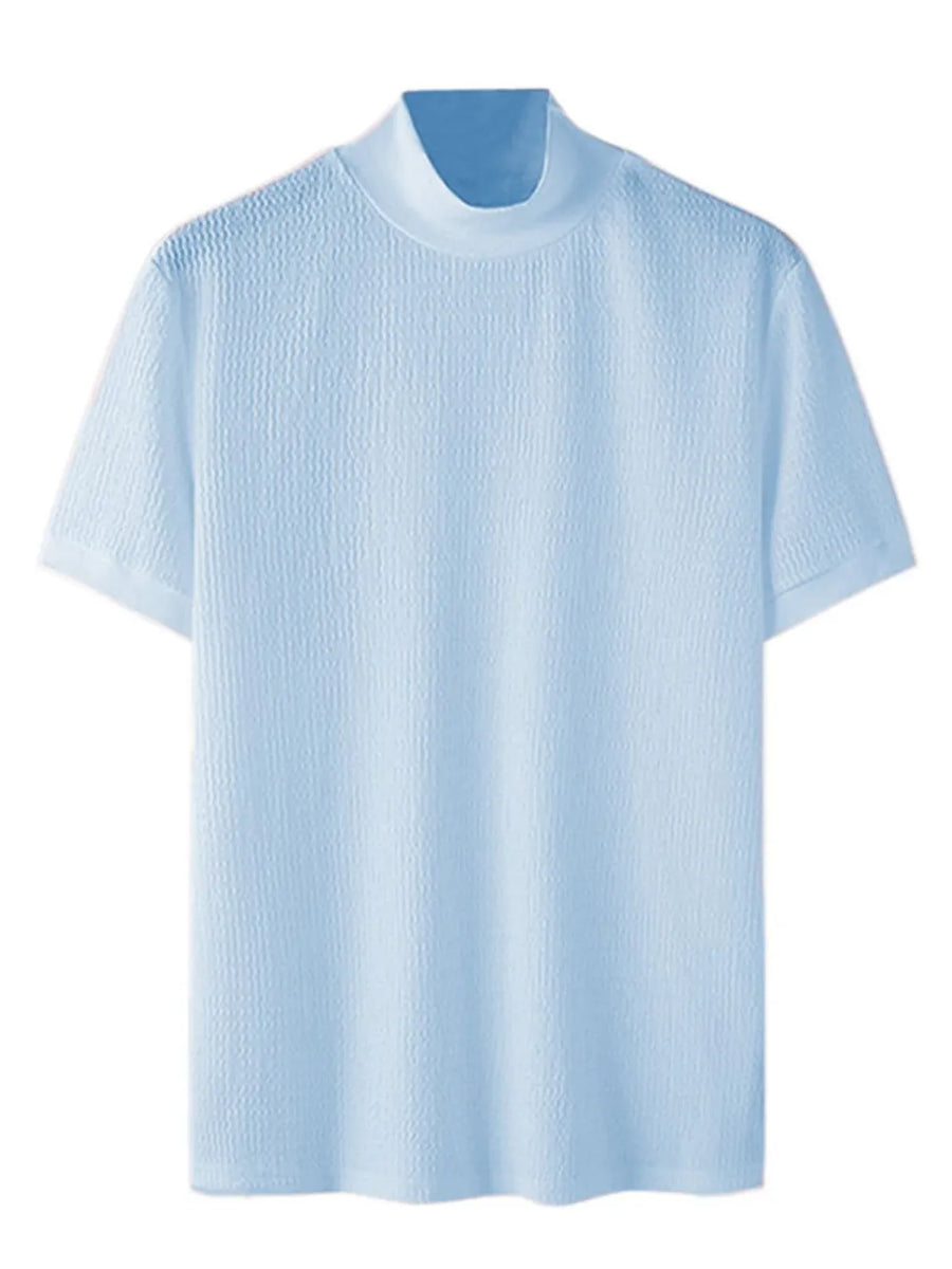 Light blue textured knit mock neck tee with short sleeves.