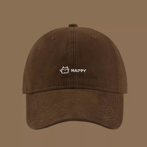 Brown cotton baseball hat with embroidered cat and happy text
