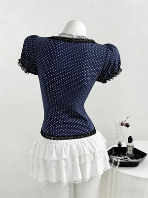 Polka Dot Lace Trim Puff Sleeve Top, view 12