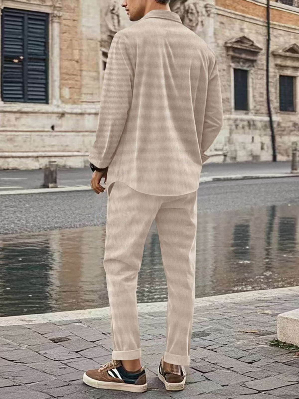 Khaki Men's Full Size Button Up Long Sleeve Shirt And Pants Set