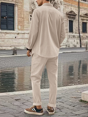 Khaki Men's Full Size Button Up Long Sleeve Shirt And Pants Set
