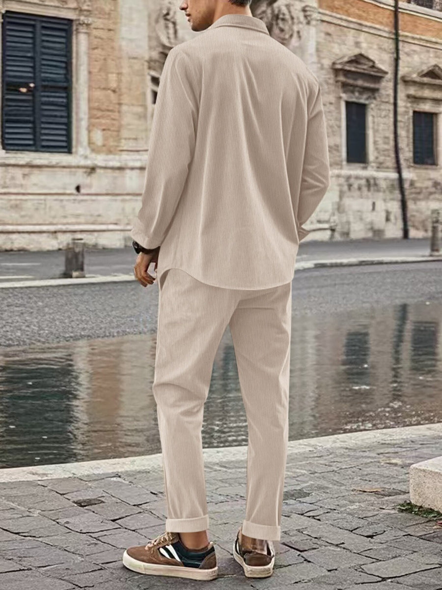 Khaki Men's Full Size Button Up Long Sleeve Shirt And Pants Set