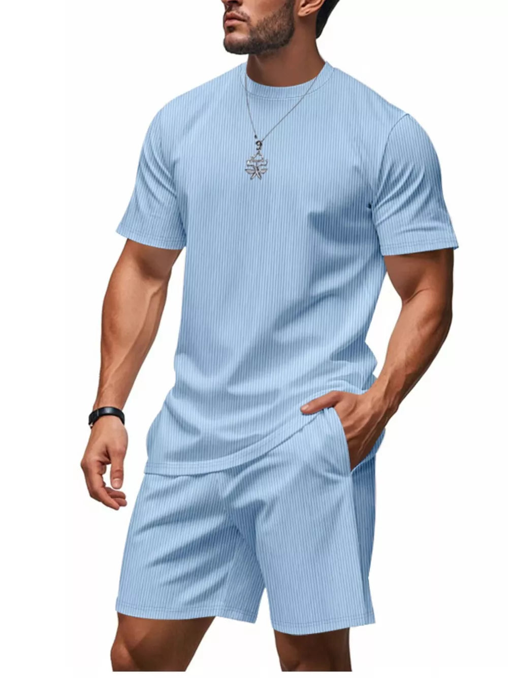Light blue striped relaxed fit two-piece set with crew neck t-shirt and shorts.