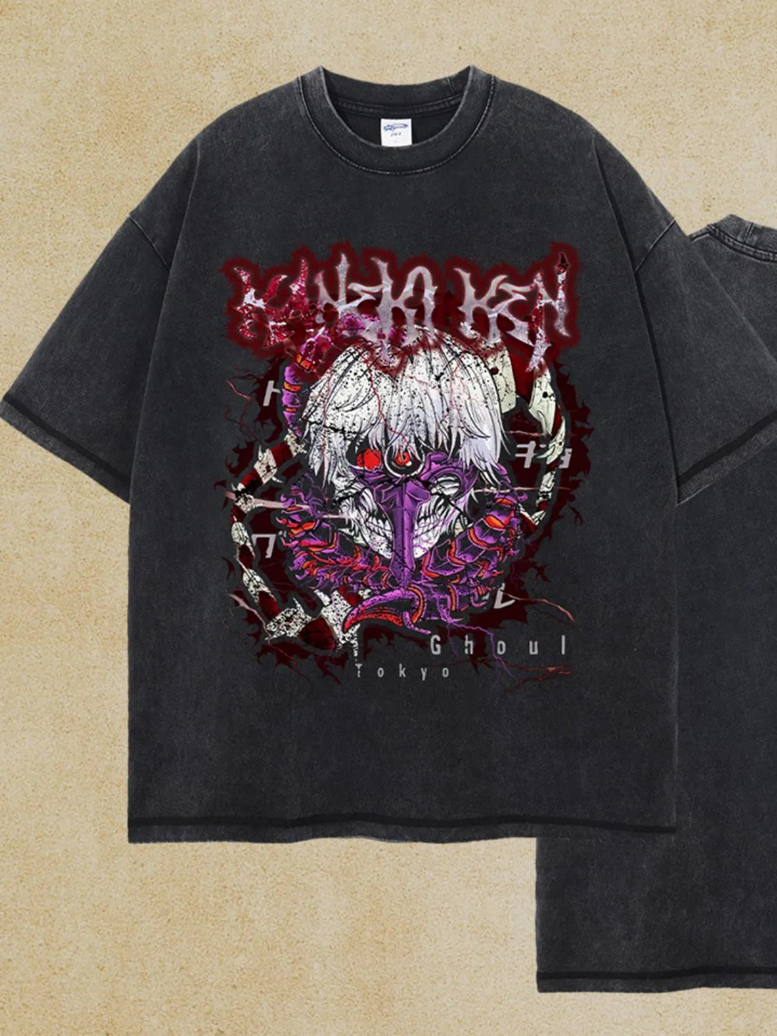 Black acid wash t-shirt with a bold Tokyo Ghoul graphic print.