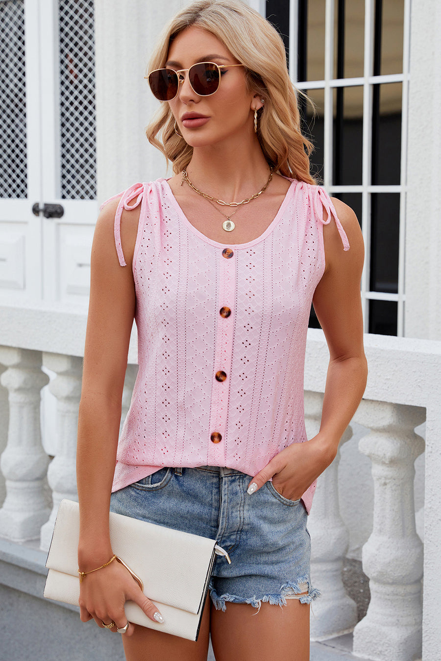 Pink eyelet button-down tank top with tie shoulders and scoop neck