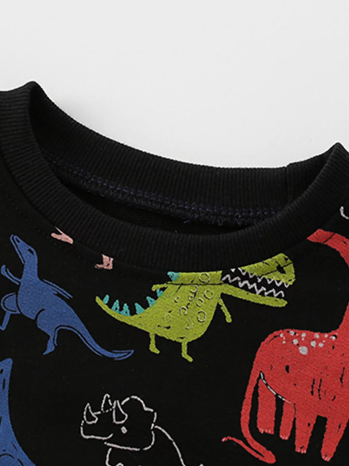 Black crew neck sweatshirt with a colorful dinosaur print for babies.