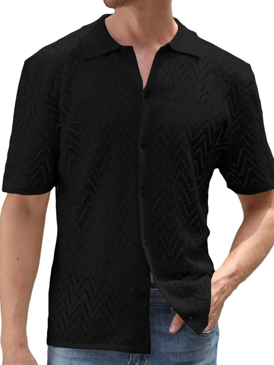Black chevron knit polo shirt with short sleeves and a button-up neckline.