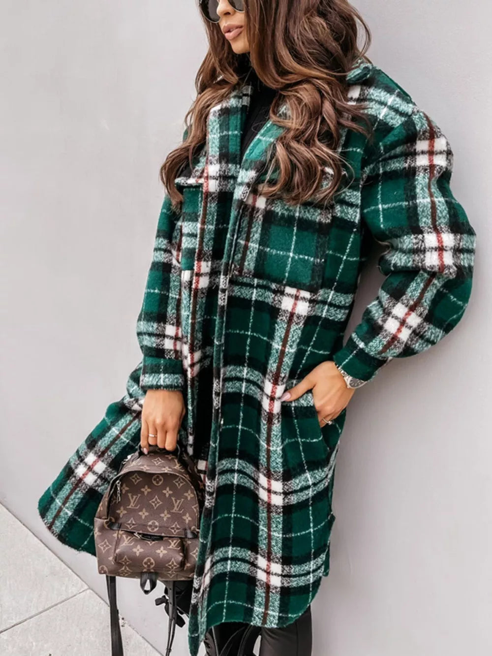 Camel overcoat with button-front and plaid