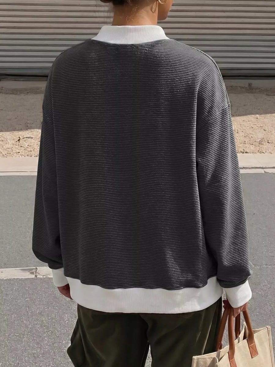 Casual Mock Neck Striped Long Sleeve T-shirt in light blue with stretch