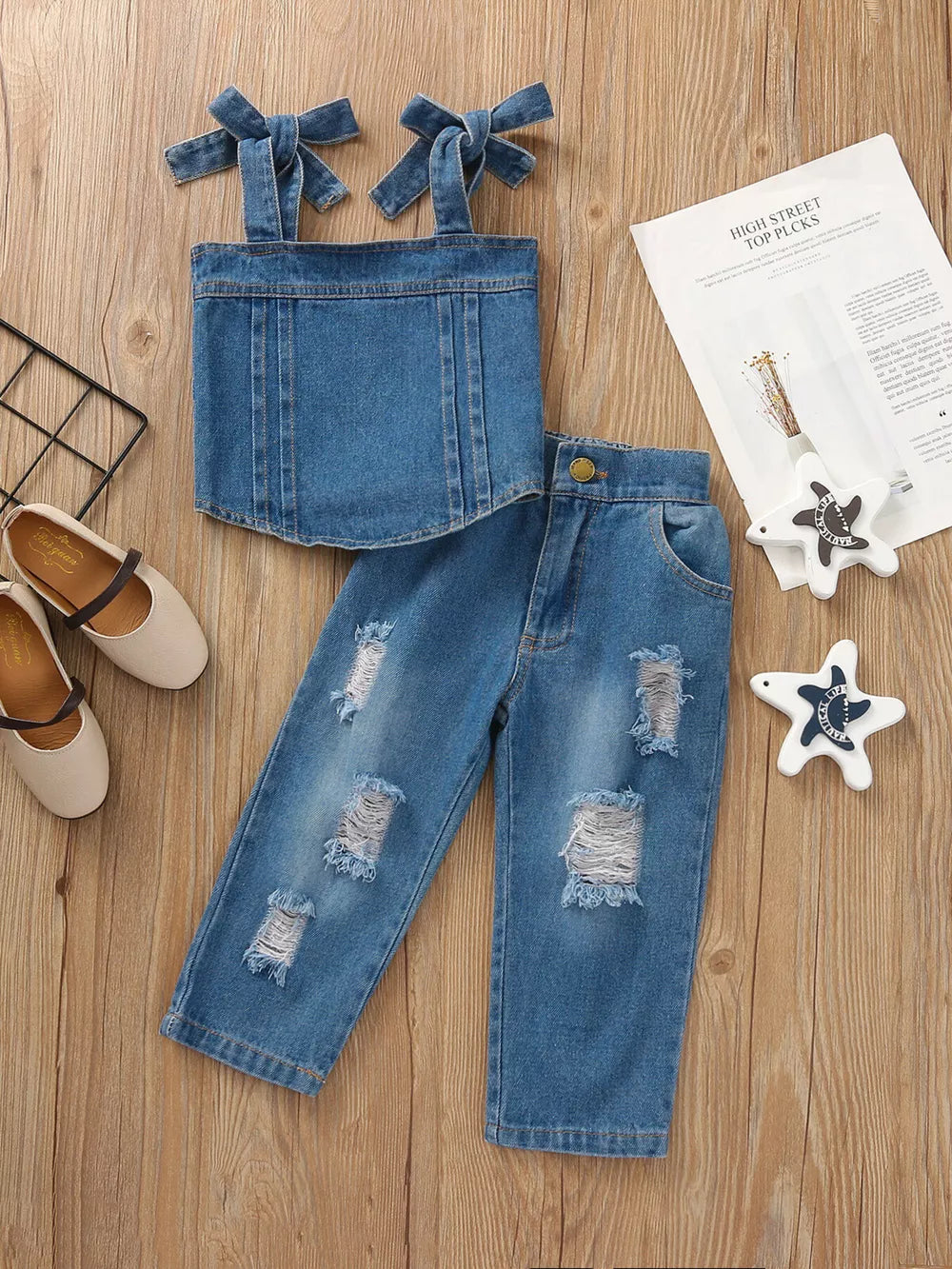 Children's Tie Shoulder Tank And Distressed Jeans Set in Blue