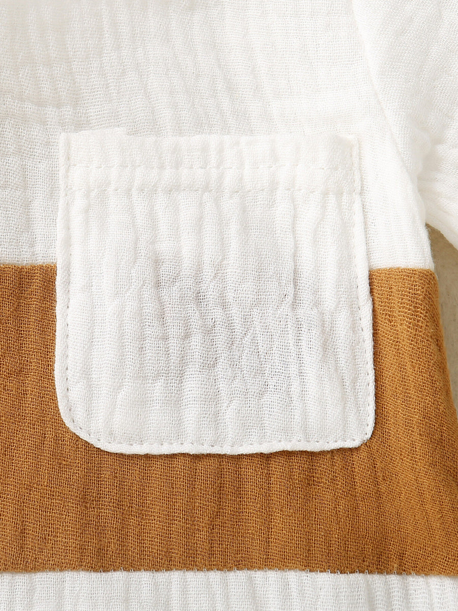 Children's cotton color-block top with white pocket detail and brown accents