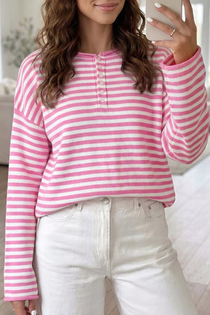 hot pink pullover sweater with striped and henley