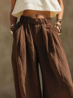 Full Size Elastic Waistband Wide Leg Pants in Beige, view 14