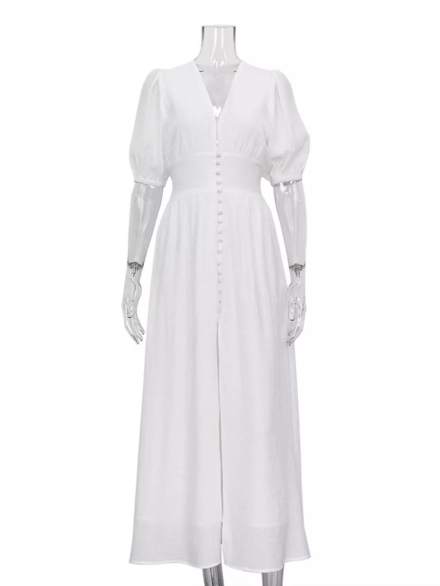 White midi dress with v-neck, puff sleeves, button front, and cinched waist